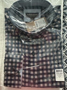 Johnston & Murphy Navy and Brown Checked Button-Down Shirt